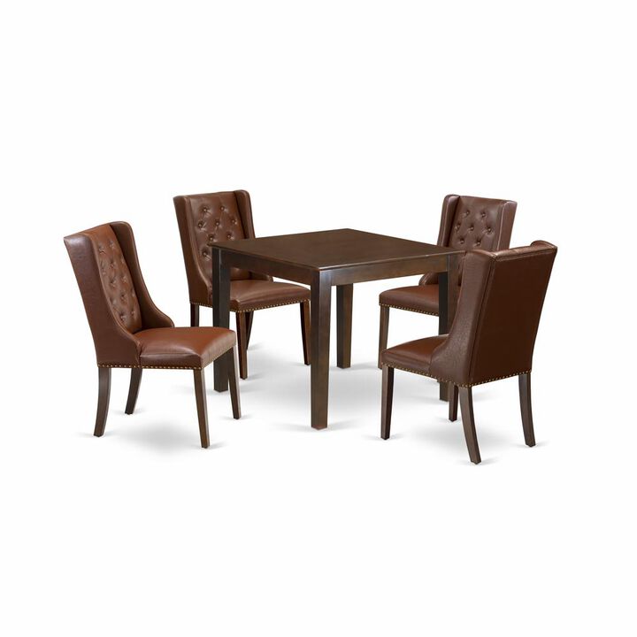 East West Furniture OXFO5-MAH-46 5-Piece Kitchen Room Table Set Includes 1 Dining Table with Square Table top and 4 Brown Linen Fabric Dining Chairs Button Tufted - Mahogany Finish