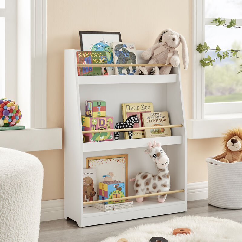 Steiner White 3-Tier Kids Book or Magazine Storage Freestanding Bookcase with Contrasting Wood-Toned Rods