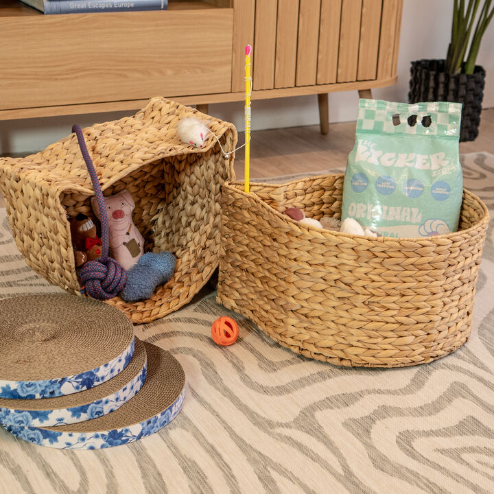 Felix Cat-Shaped Hand Woven Water Hyacinth Nesting Pet Toy Organizer Baskets (Set of 2)