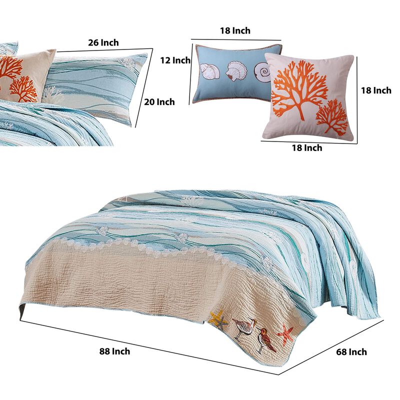 Maritsa Four Piece Twin Size Fabric Quilt Set with Coastal Prints, Blue - Benzara