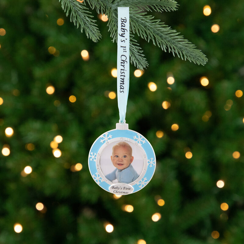 3" Blue Silver-Plated Baby's First Christmas Ornament with European Crystals image number 1