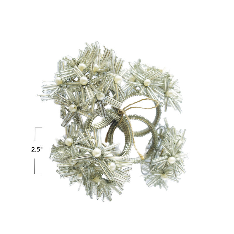 Glass Beaded Metal Floral Napkin Rings, Silver Finish, Set of 4 image number 1