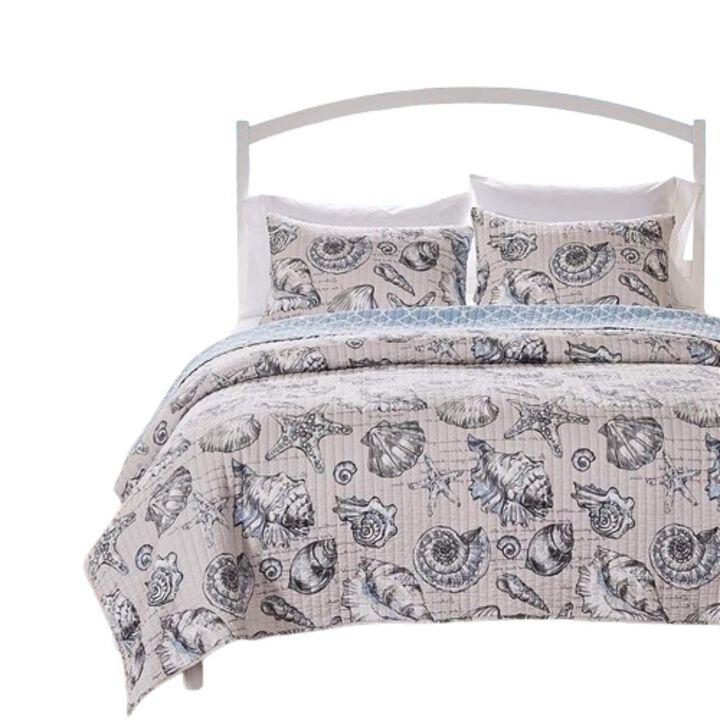 Hivvago Twin/Twin XL size 2 Piece Microfiber Beach Shells Coastal Reversible Quilt Set