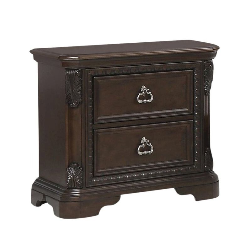 FurniFact 2 Drawer Cherry Nightstand, Dark Wood Bedside Table with Details image number 0