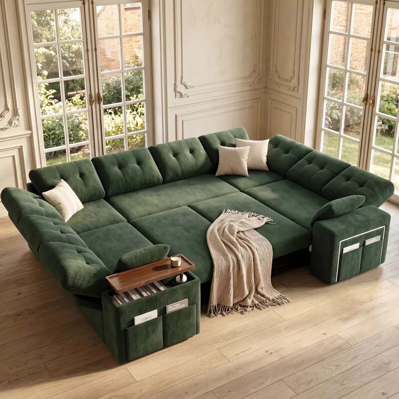 Vipbear 112" U-Shaped 8-Seat Modular Chenille Sectional Sleeper Sofa, Pull Out Bed Reclining Couch image number 8