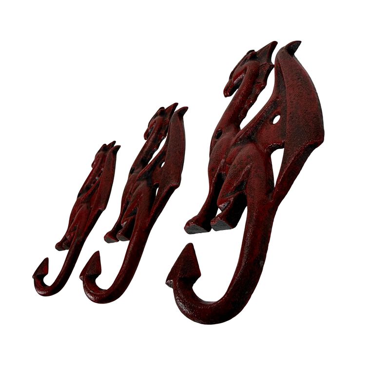 Set Of 3 Dragon Wall Hooks Red Distressed Cast Iron 65 In Decorative image number 3