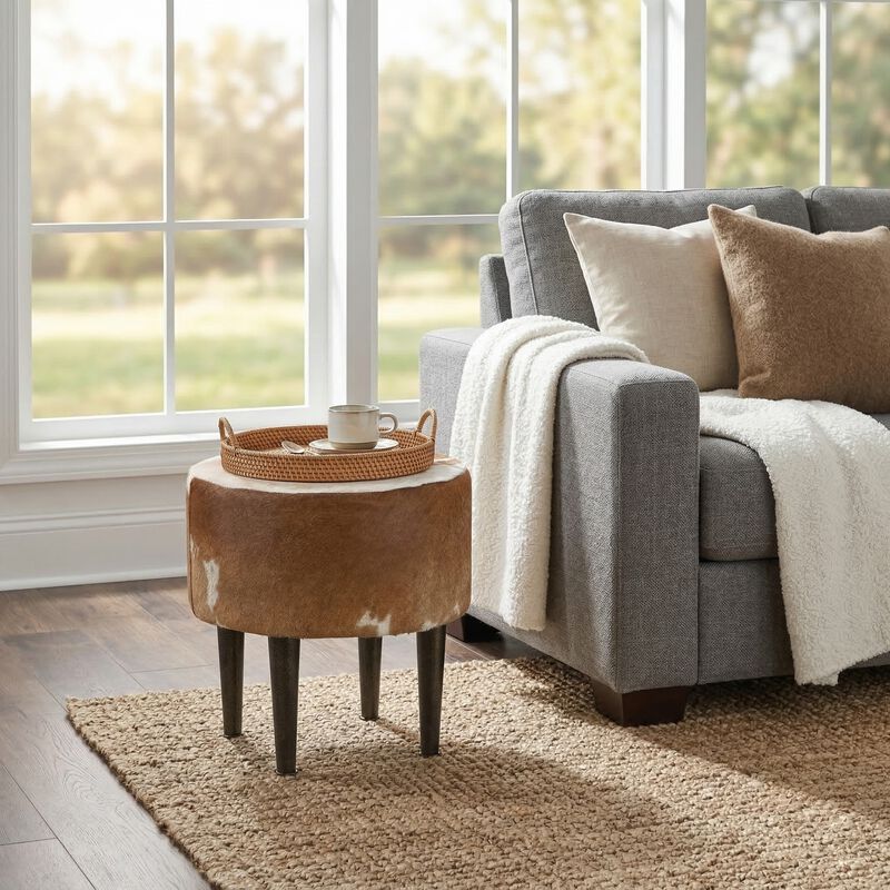 Luxury Upholstered Round Stool with Metal Legs brown/tan & White image number 2