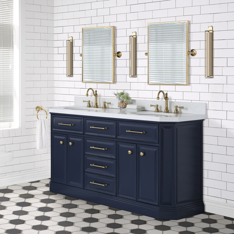 Palace 60 In. Double Sink Carrara Quartz Countertop Bath Vanity in Monarch Blue with Satin Gold Hardware
