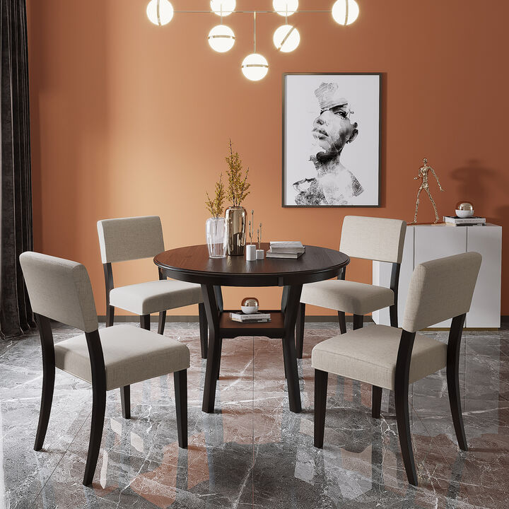 Merax 5-Piece Kitchen Dining Table Set Round Table with Bottom Shelf, 4 Upholstered Chairs for Dining Room
