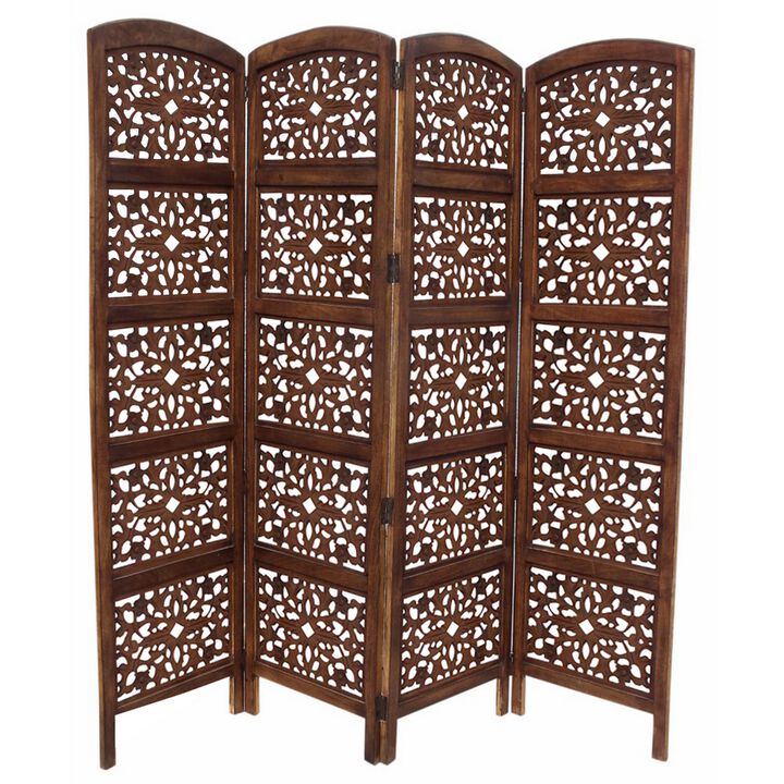 The Urban Port Handmade Foldable 4 Panel Wooden Partition Screen Room Divider, Brown-Benzara