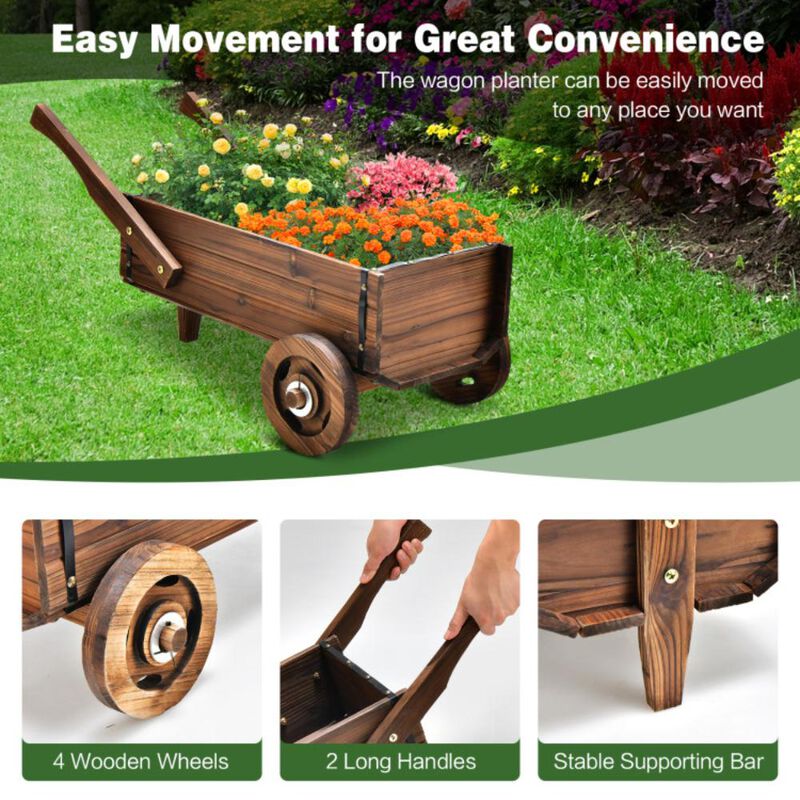 Hivvago Wooden Wagon Planter Box with Wheels Handles and Drainage Hole