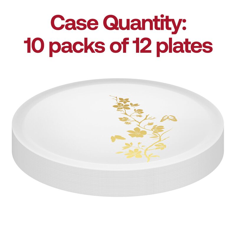 10" White with Gold Floral Round Plastic Dinner Plates (120 Plates) image number 3