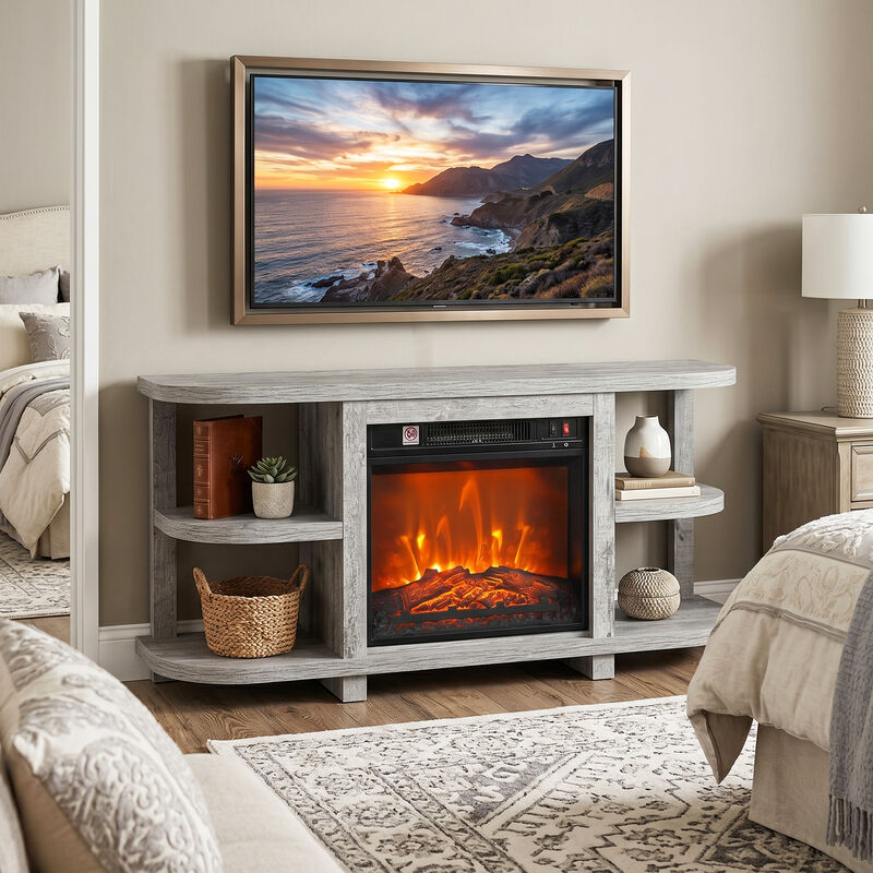48" Light Gray TV Stand with 18" Insert Electric Fireplace and Open Storage Shelves Media Console for TVs up to 55" image number 4