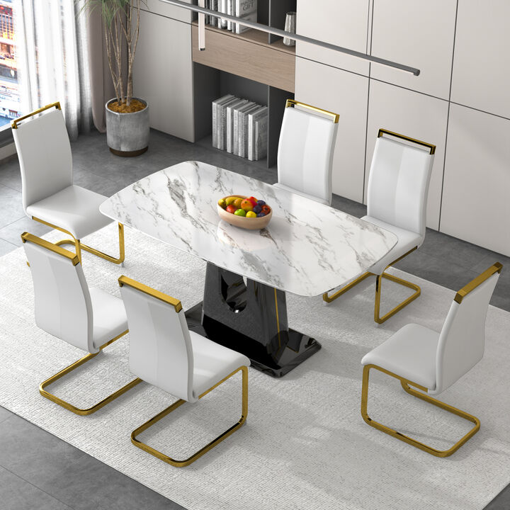 1 table and 6 chairs. Modern, simple and luxurious white imitation marble rectangular dining table and desk with 6 white PU gold plated leg chairs 63'' x 35.4'' X 30''