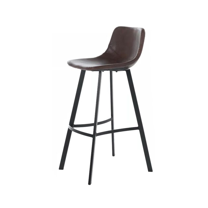 Barstool Chair Set of 2, Curved Seat, Black Steel, Brown Faux Leather - Benzara