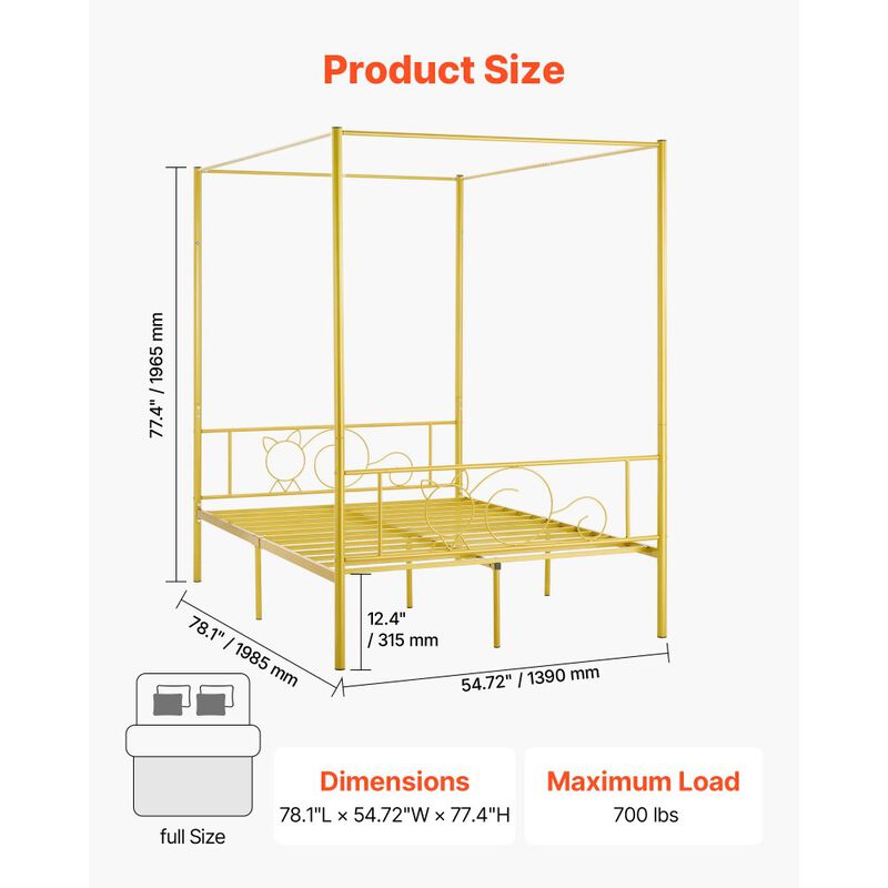 Full Size Metal Canopy Bed Frame, Gold, Four Poster Design with Steel Slat Support image number 2