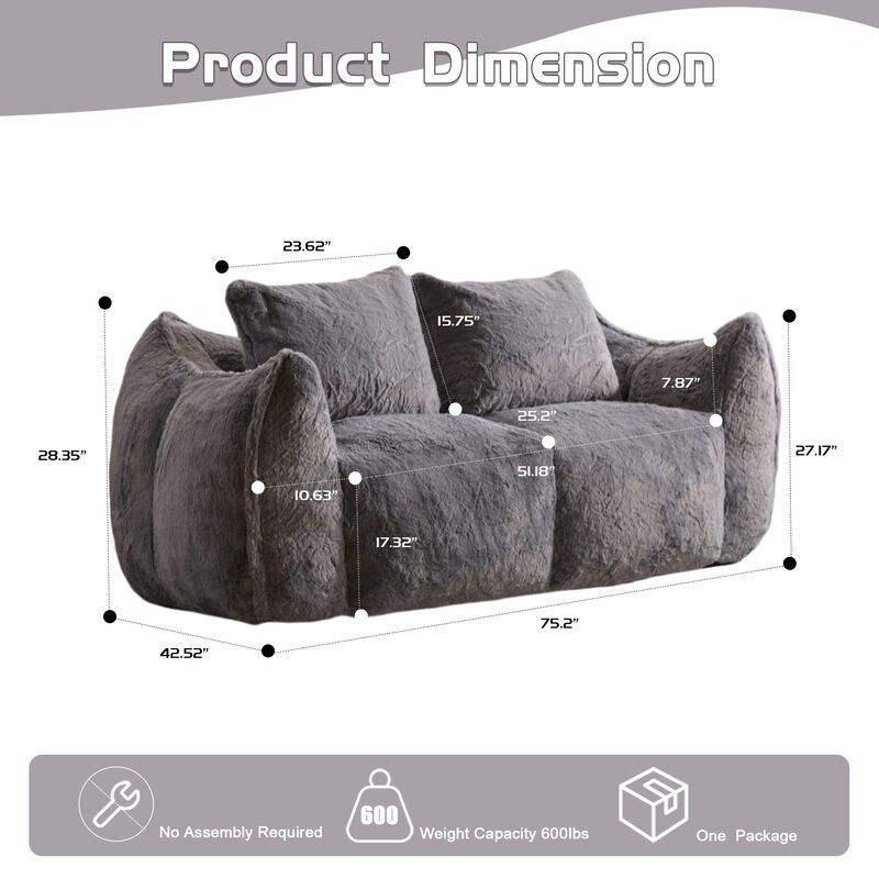Whisen Giant Bean Bag Couch Ultra Soft Fluffy Loveseat Oversized Chase Lounge Chair with Pillows image number 9