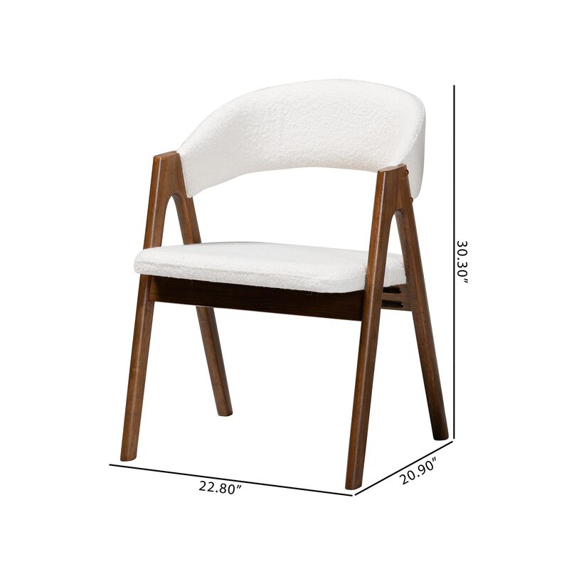 Baxton Studio Virden Boucle Upholstered Dining Chair Set of 2- Mid-Century Modern Armchair with Solid Wood Frame and Curved Open-Back Design, Walnut Brown and White