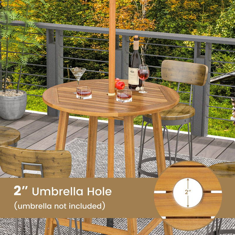 Bar Height Table with Umbrella Hole and Slatted Tabletop for Outdoors