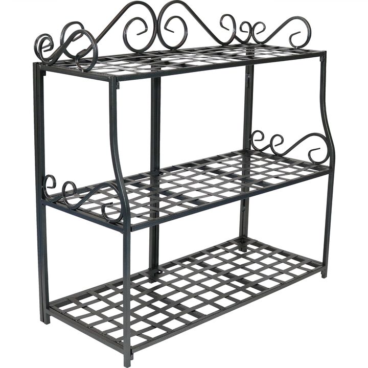 Sunnydaze Black Iron 3-Tier Plant Stand Shelf with Scroll Edging - 30 in