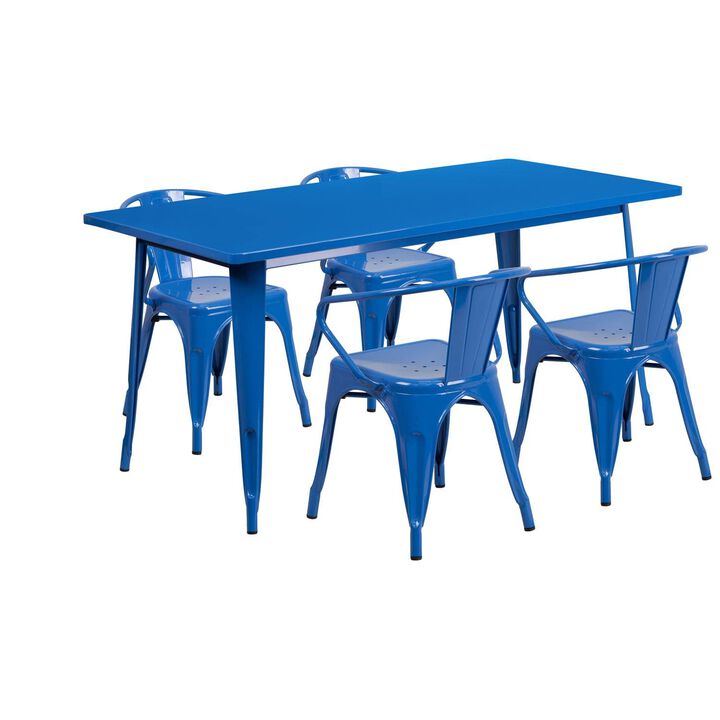 Flash Furniture Commercial Grade 31.5" x 63" Rectangular Blue Metal Indoor-Outdoor Table Set with 4 Arm Chairs