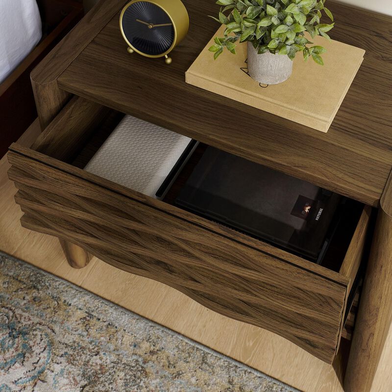 Modway Emric Wave Nightstand in Walnut - Modern Bed Side Table with Wave-Pattern Slatted Drawers for Bedroom or Living Room image number 4