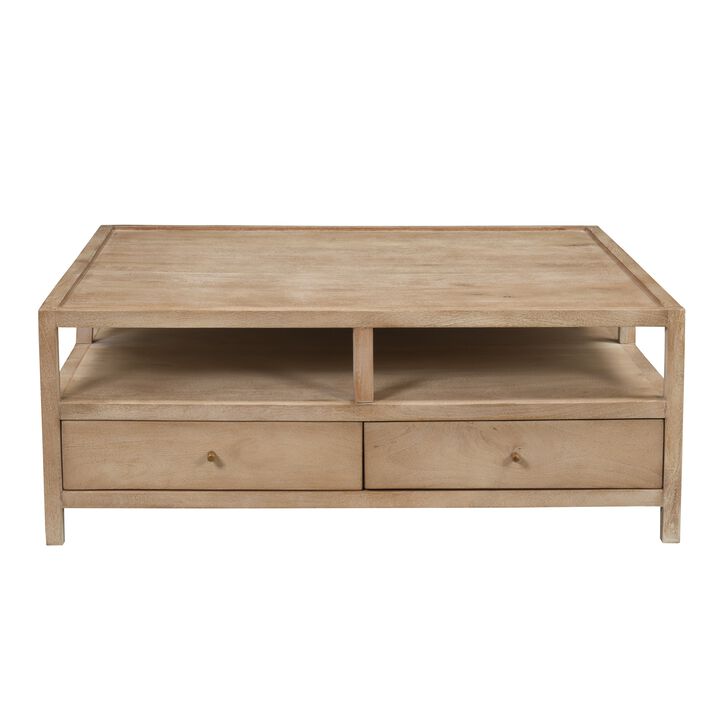Hika 45 Inch Square Coffee Table, 4 Storage Drawers and Open Shelf, Light Brown Mango Wood