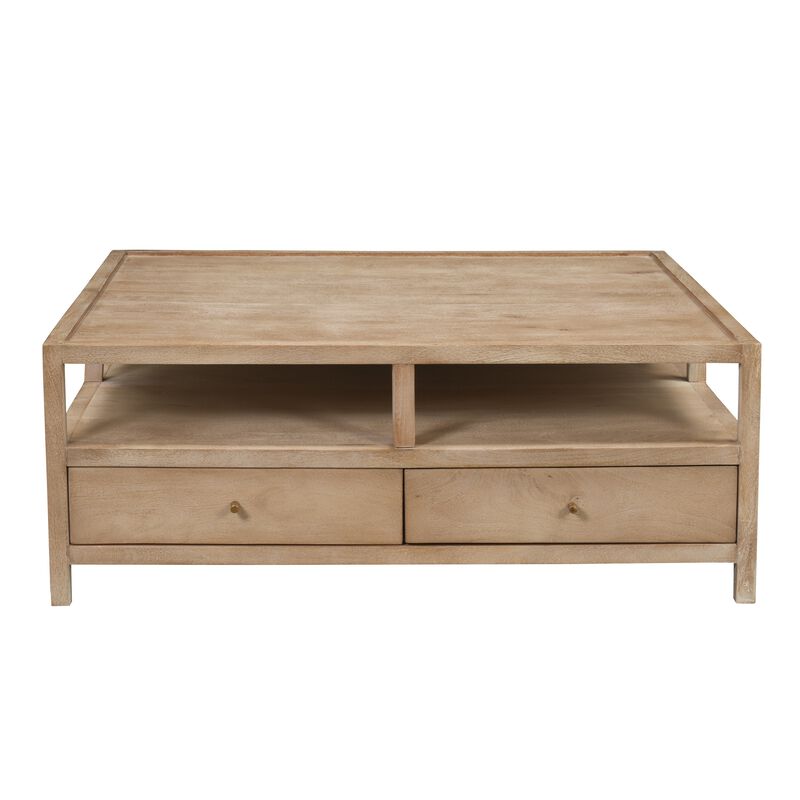 Hika 45 Inch Square Coffee Table, 4 Storage Drawers and Open Shelf, Light Brown Mango Wood image number 0