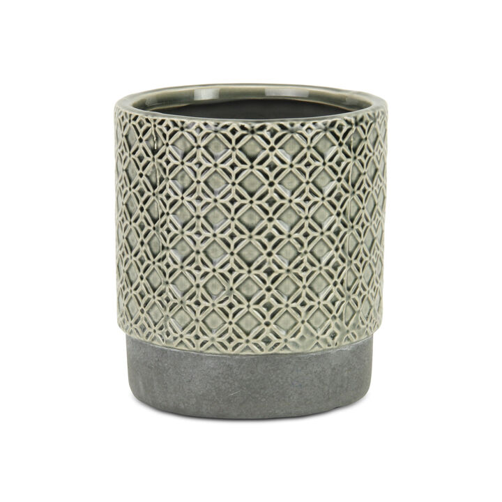 HomeRoots 6" Gray Geometric Ceramic Indoor Outdoor Round Pot Planter