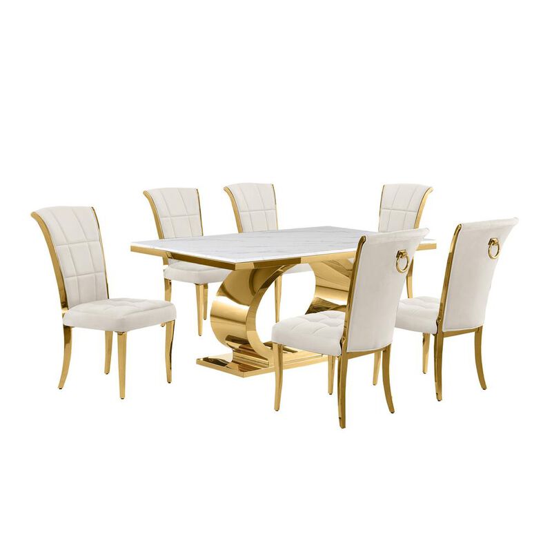 7pc Small(68") marble top dining set with gold base and 6 Cream side chairs image number 0