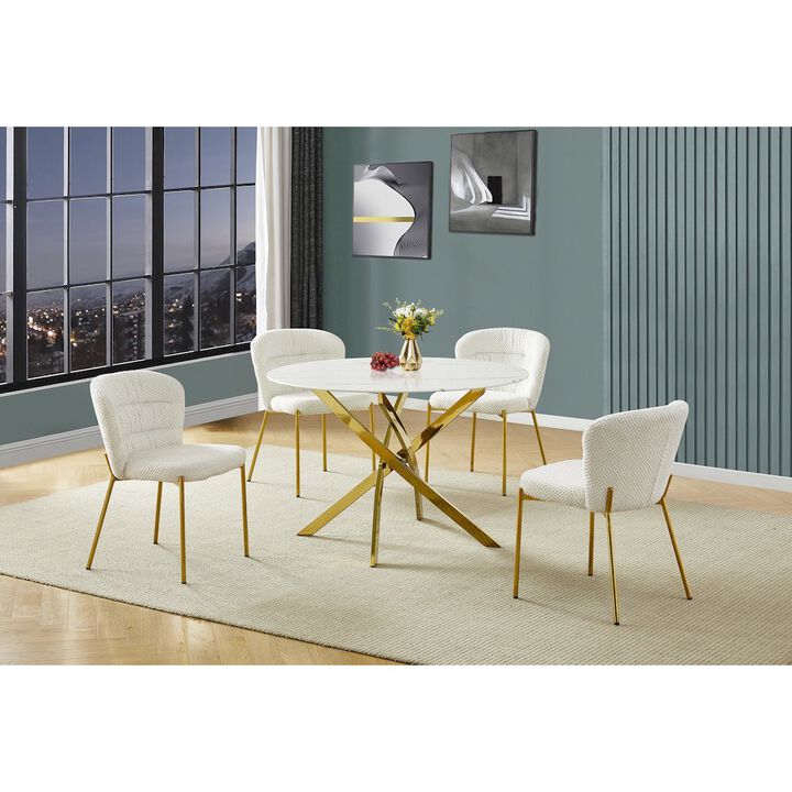 Best Quality Furniture Round White Marble Wrap Glass Ding Table With 4 Cream Side Chairs