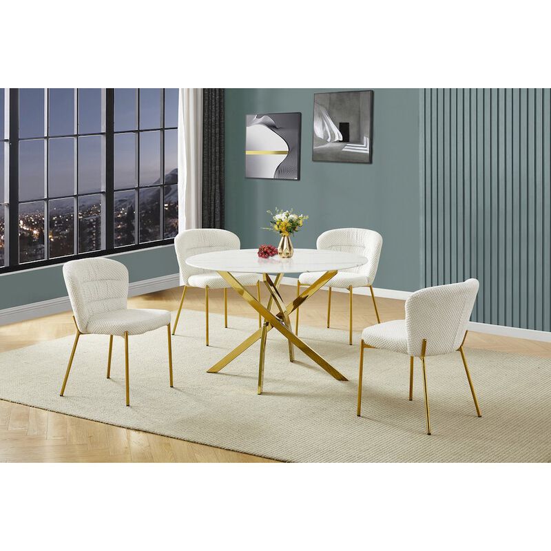 Best Quality Furniture Round White Marble Wrap Glass Ding Table With 4 Cream Side Chairs