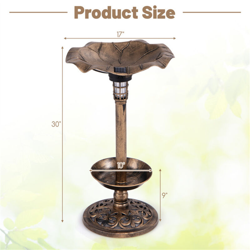 Outdoor Birdbath with Feeder & Solar Lamp, Freestanding Garden Decoration