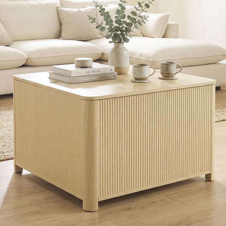 32" Modern Natural Wood Light Oak Fluted Square Coffee Table with Flip Top Hidden Storage