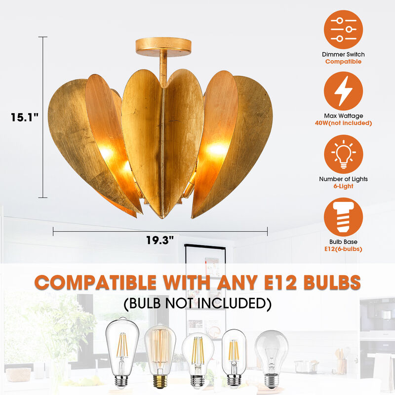 19" Vintage Antique Gold Heart Semi Flush Mount Ceiling Light image number 6