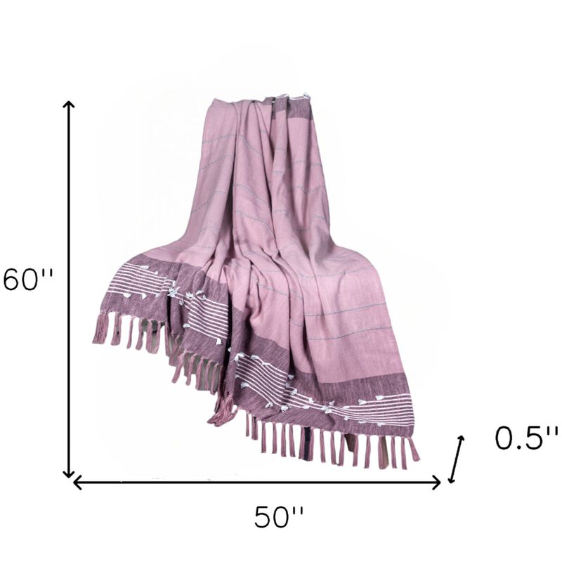 HomeRoots 50" X 60" Pink Woven Cotton Striped Throw Blanket with Tassels and Embroidery image number 4