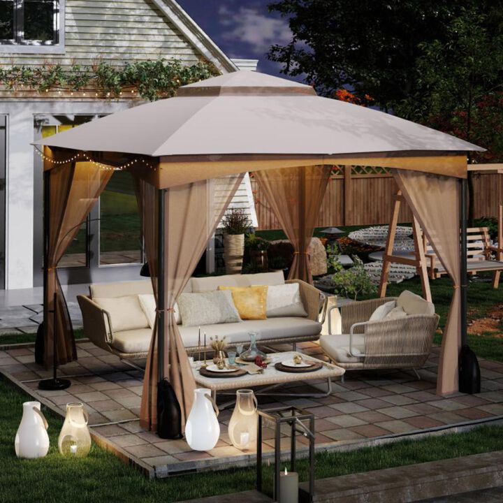 Hivvago Heavy-Duty Patio Gazebo with Netting Walls and 4 Sandbags