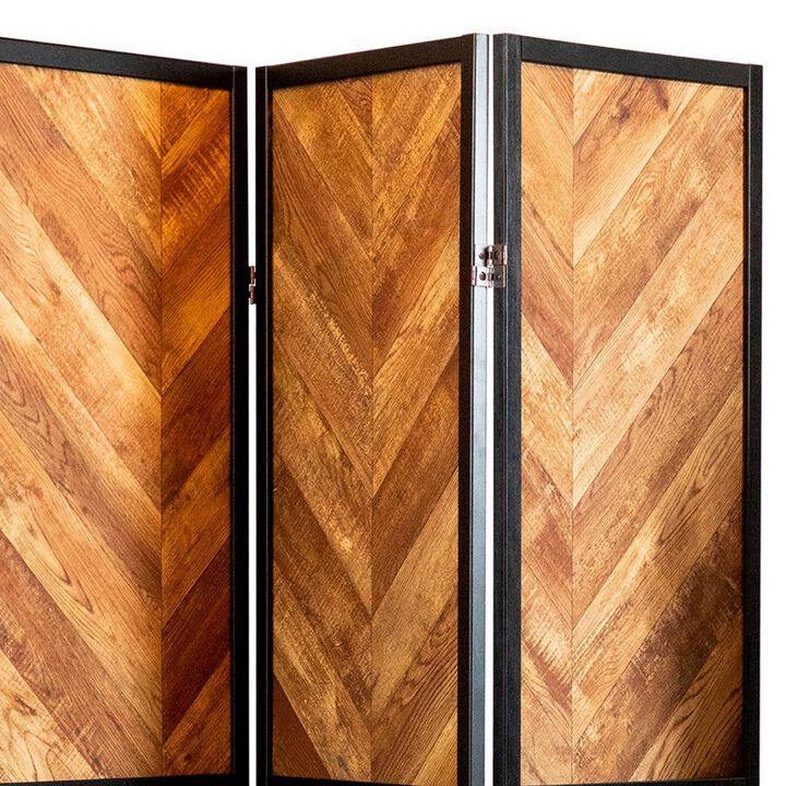 70 Inch Modern 3 Panel Folding Room Divider, Herringbone Pattern, Brown - Benzara