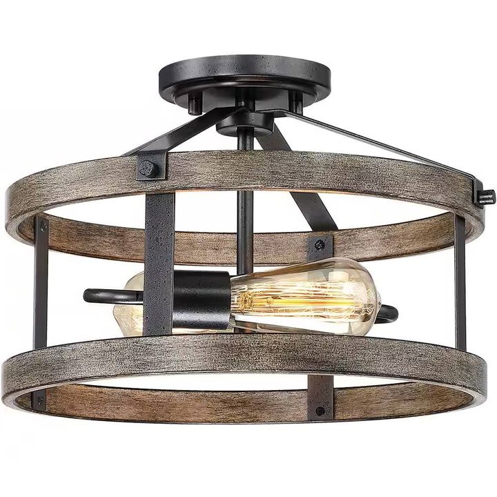 Semi-Flush Mount 2-Light Ceiling Lamp with Round Metal and Wood Farmhouse Design
