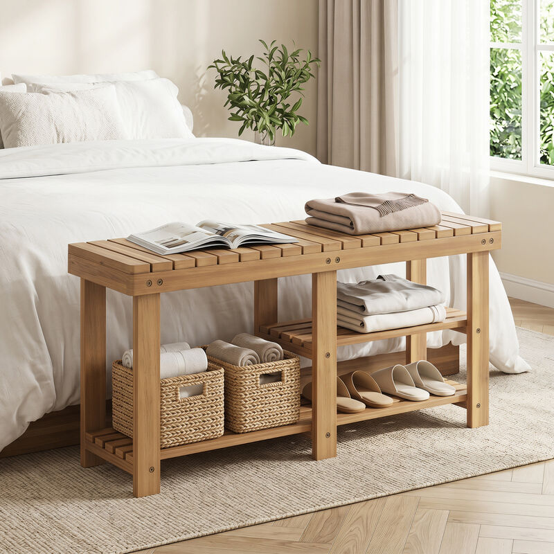 Entryway Shoe Rack Bench 3-Tier Solid Wood Slatted Design image number 5