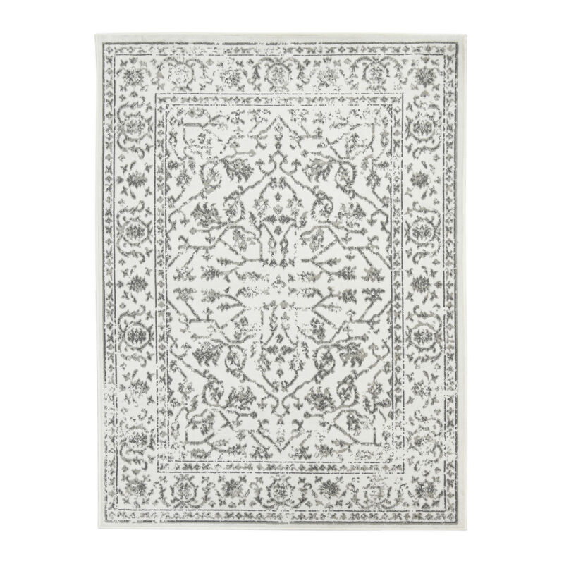 8 Light gray Round Floral Power Loom Area Rug With Fringe