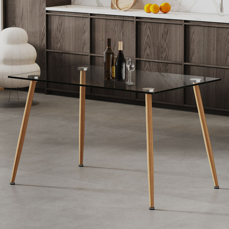 Modern Rectangular Glass Dining Table for 46 with 0.31" Tempered Glass Tabletop and Wood colored metal legs, Writing Table Desk, for Kitchen Dining Living Room