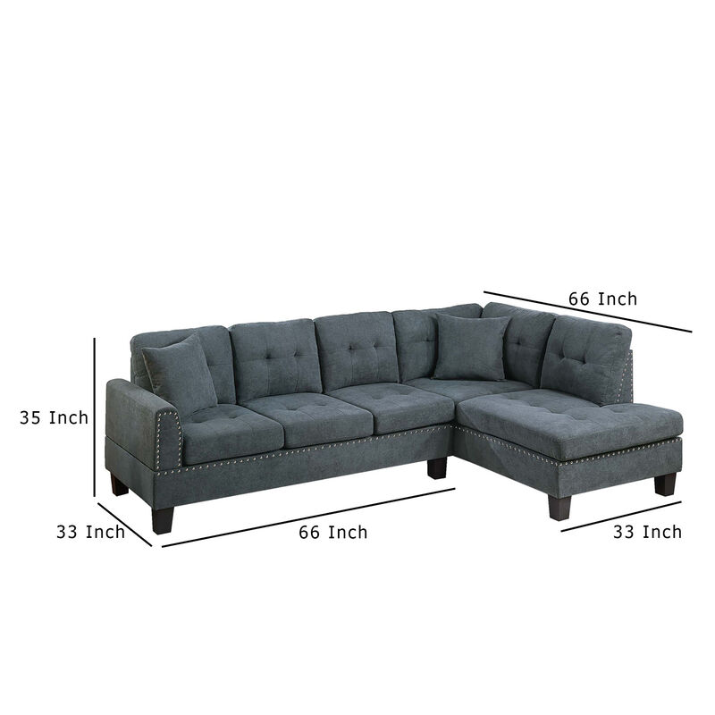 Dema 2pc Sectional Sofa Set, Chaise, 2 Pillows, Textured Black Velvet