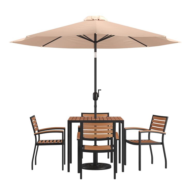 Flash Furniture Lark 7 Piece Outdoor Patio Dining Table Set - 4 Synthetic Teak Stackable Chairs with Arms - 35" Square Table - Tan Umbrella with Base