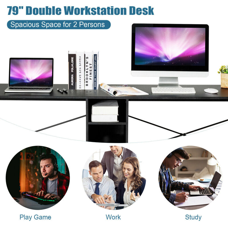 Costway 2 Person Computer Desk Double Workstation Office Desk w/ Storage Black image number 9