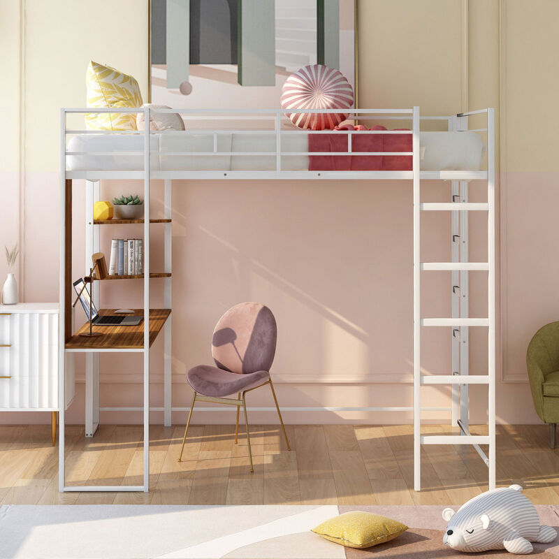 Full Size Metal Loft Bed with 2 Shelves and one Desk, White