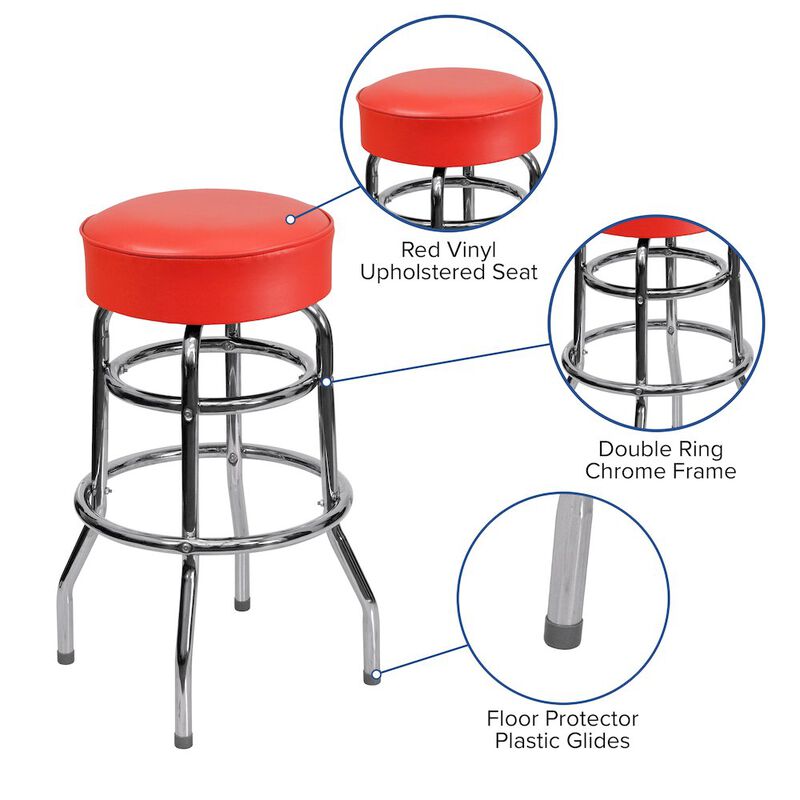 Flash Furniture Double Ring Chrome Barstool with Red Seat image number 2
