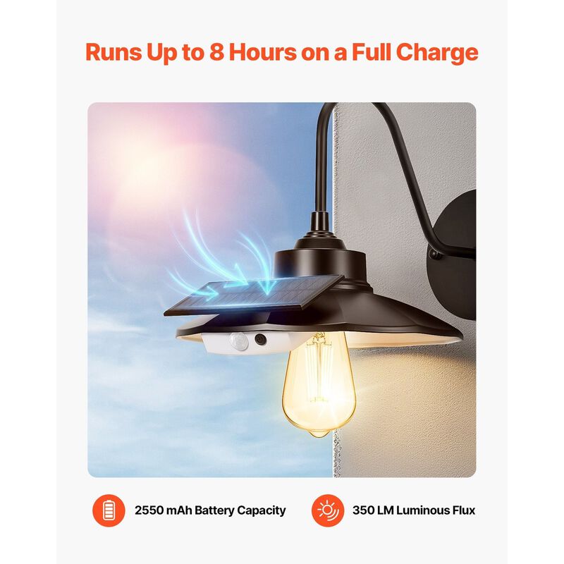 Solar Outdoor Barn Light, Motion Sensor & 3 Modes, Waterproof Wall Sconce - Black image number 5
