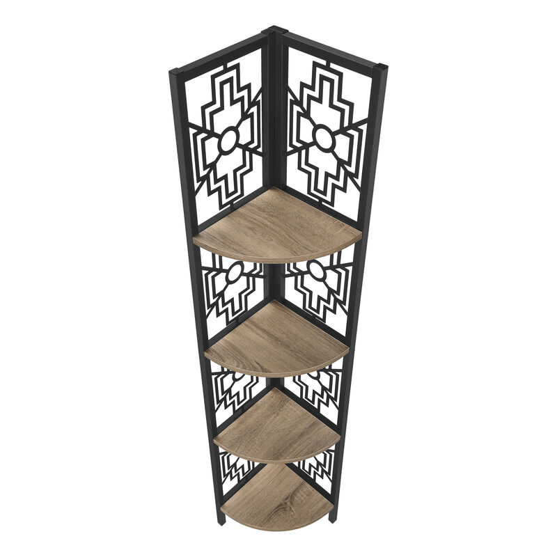 Monarch Specialties I 3621 Bookshelf, Bookcase, Etagere, Corner, 4 Tier, 62"H, Office, Bedroom, Metal, Laminate, Brown, Black, Transitional