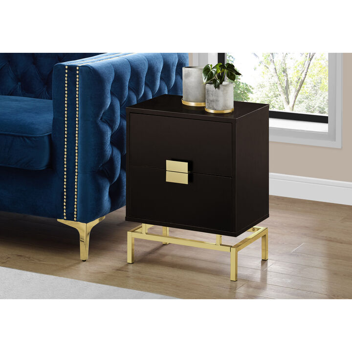 Monarch Specialties I 3496 Accent Table, Side, End, Nightstand, Lamp, Storage Drawer, Living Room, Bedroom, Metal, Laminate, Brown, Gold, Contemporary, Modern